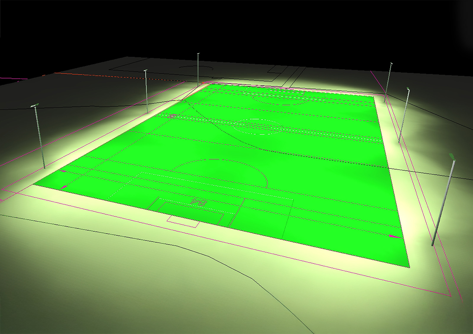 3D render of sports field showing lighting
