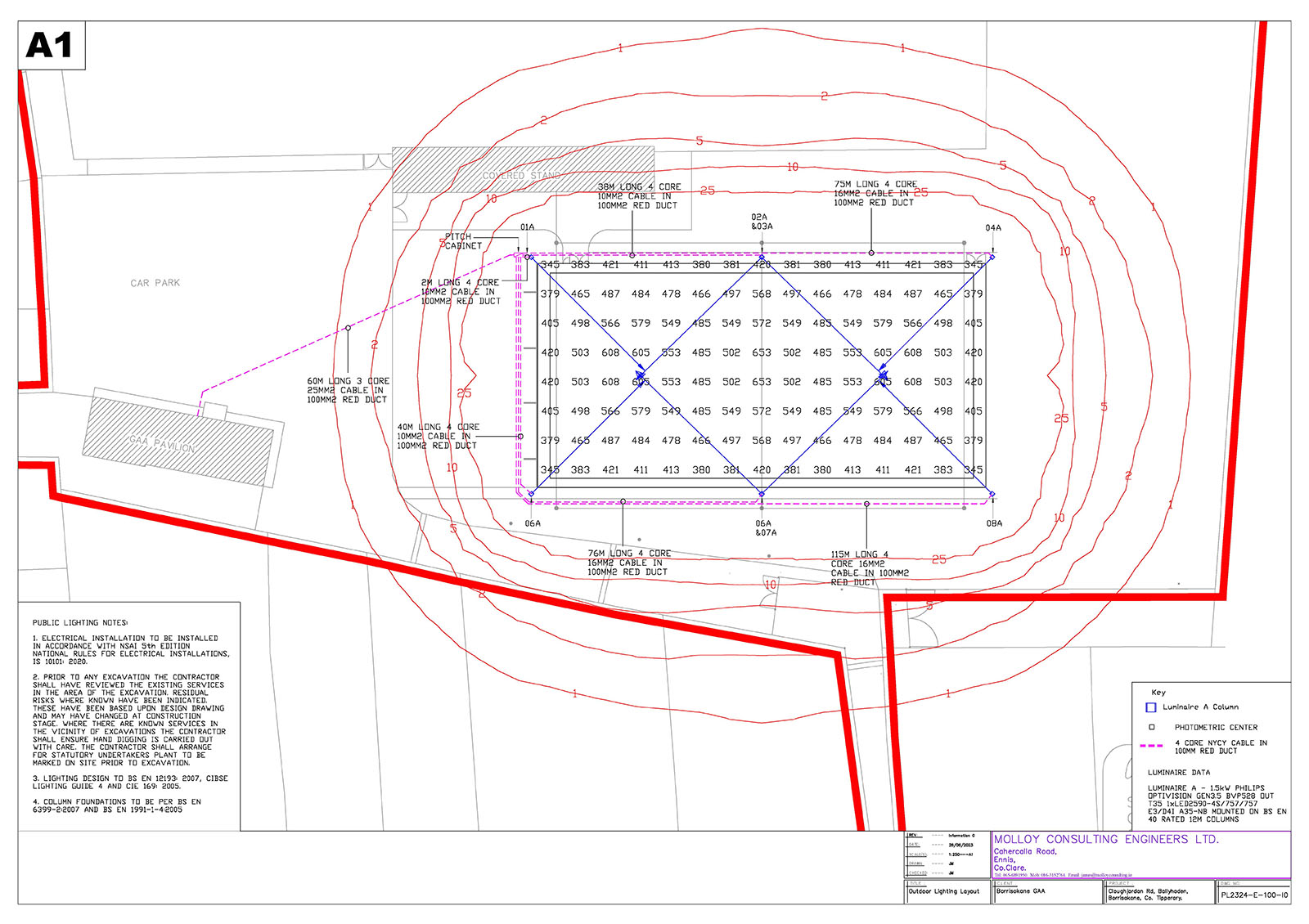 Architectural diagram of sports field showing lighting and spill boundary