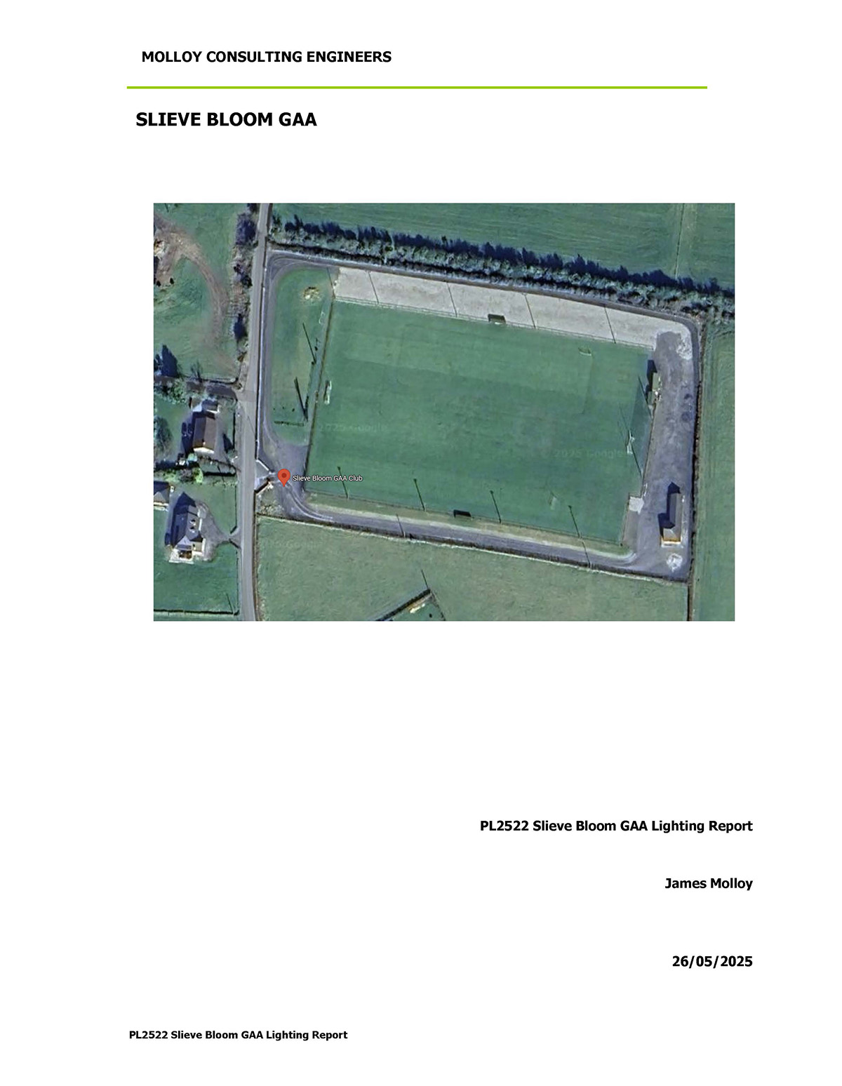 Front cover of lighting report for Slieve Bloom GAA project