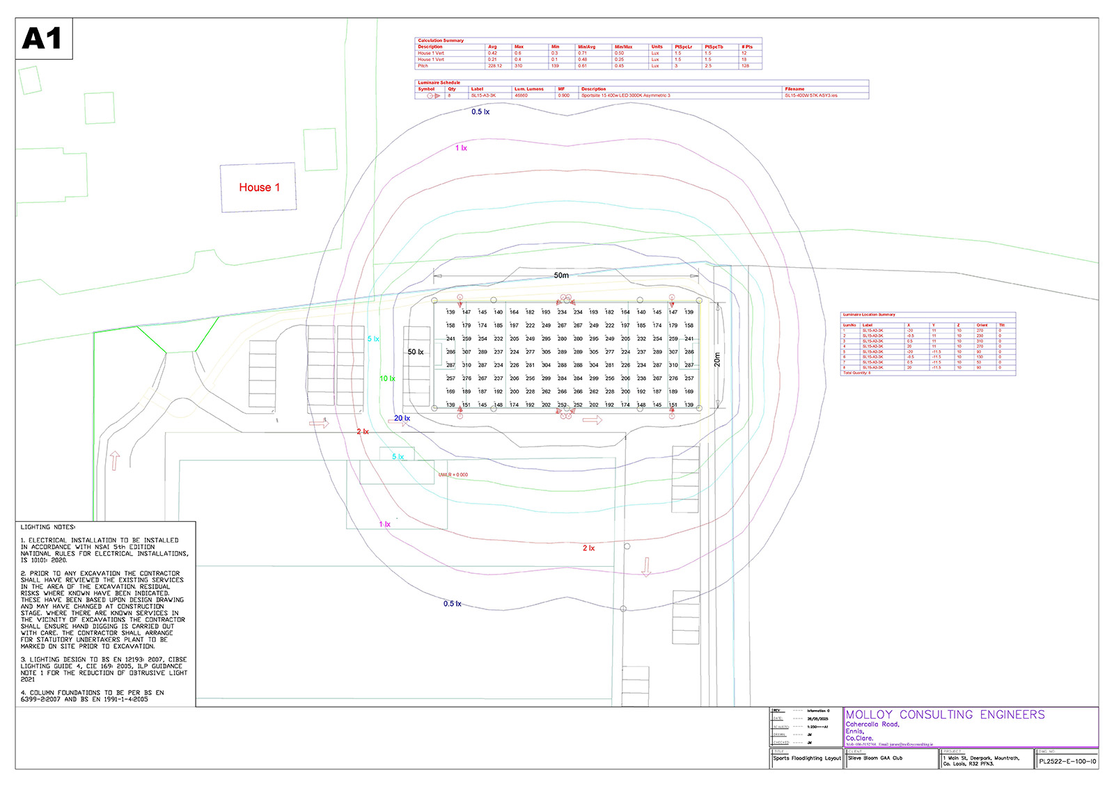 Architectural diagram of sports field lighting plan
