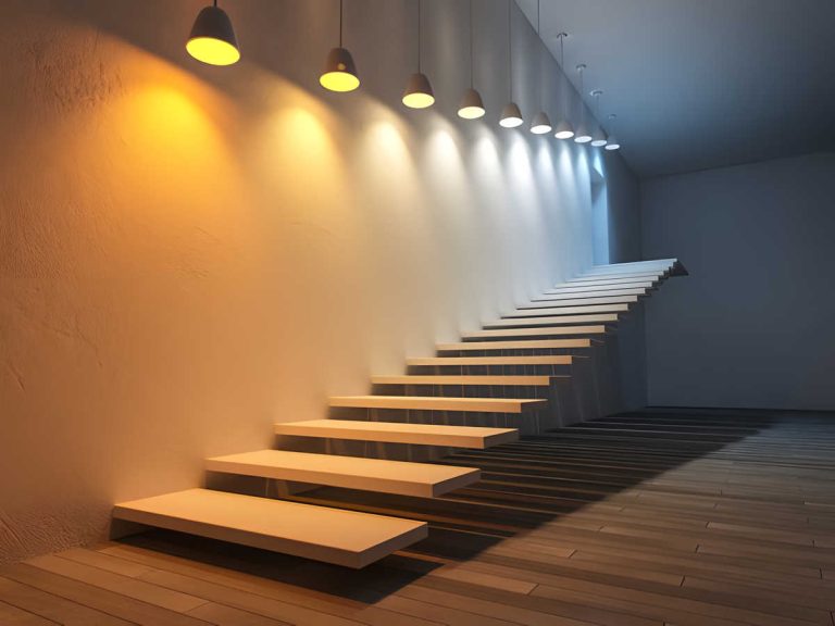 Photograph of floating staircase with lighting